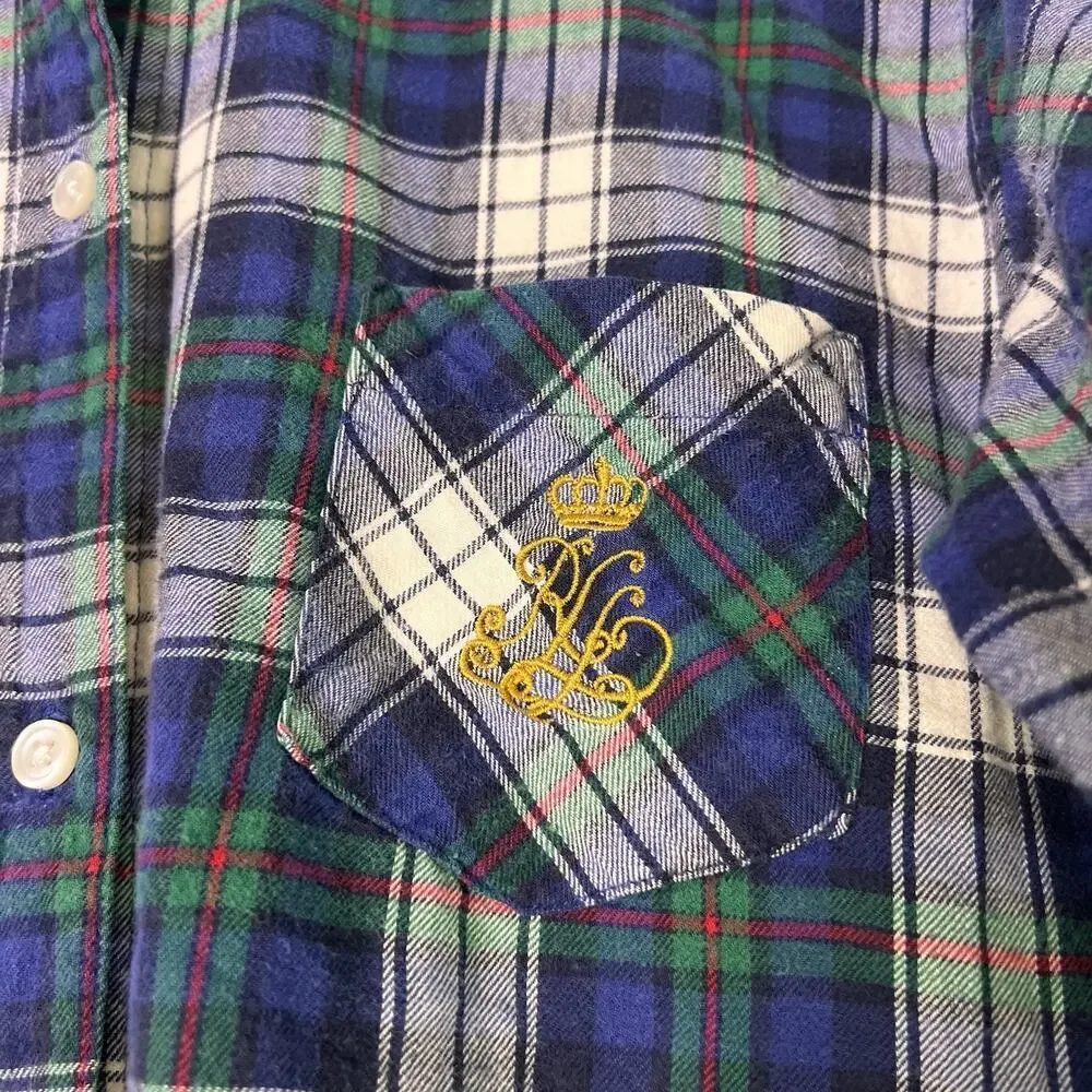 Lauren Ralph Lauren Sleepshirt Plaid Flannel Gold Crest Nightgown Preppy Sz M